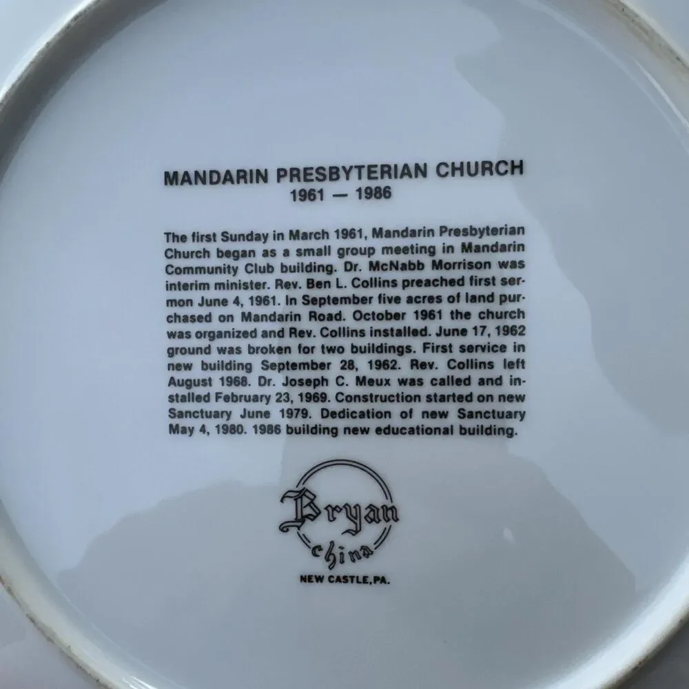 Vintage Mandarin Presbyterian Church Commemorative Plate – Jacksonville Florida